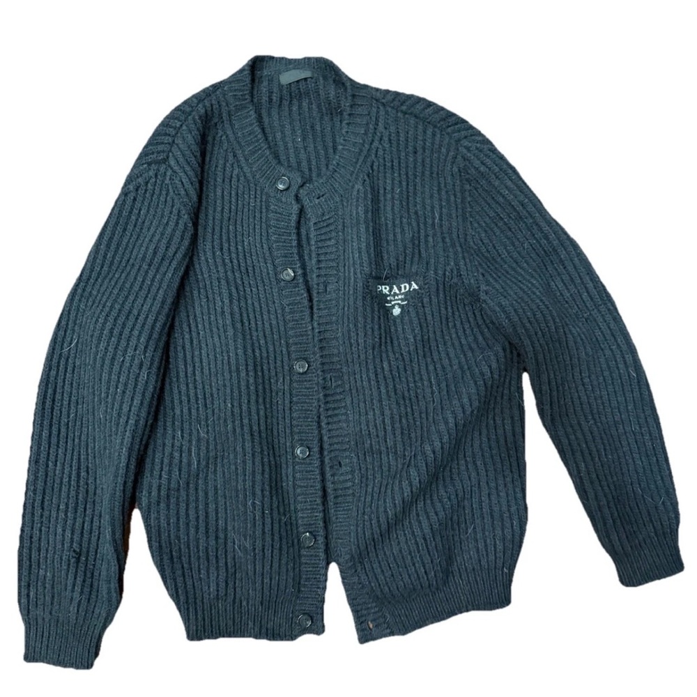 Prada Gray Cardigan Sweater with Ribbed Texture